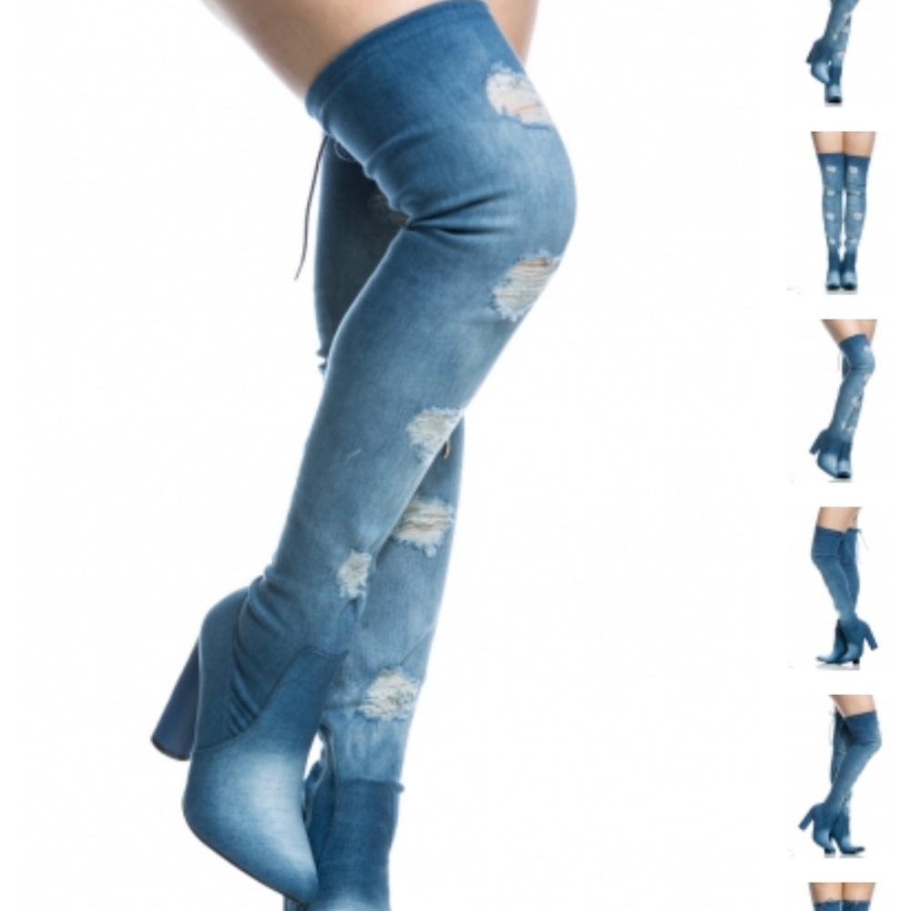 Distressed Dark Denim Chunky Thigh High Boots